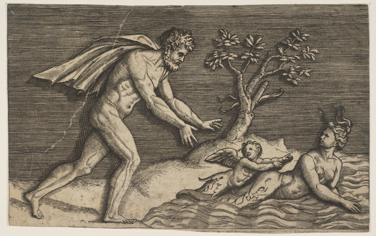 En naken man jagar en najad och en amor i vattnet, ca. 1515-27. av Marco Dente