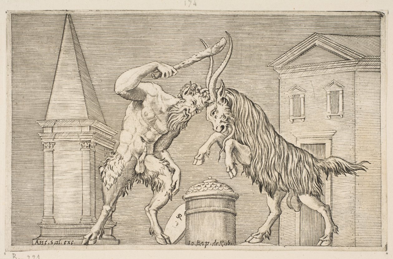 En satyr och en bagge attackerar varandra, satyren använder en klubba med sin högra ha..., ca. 1515-27. av Marco Dente