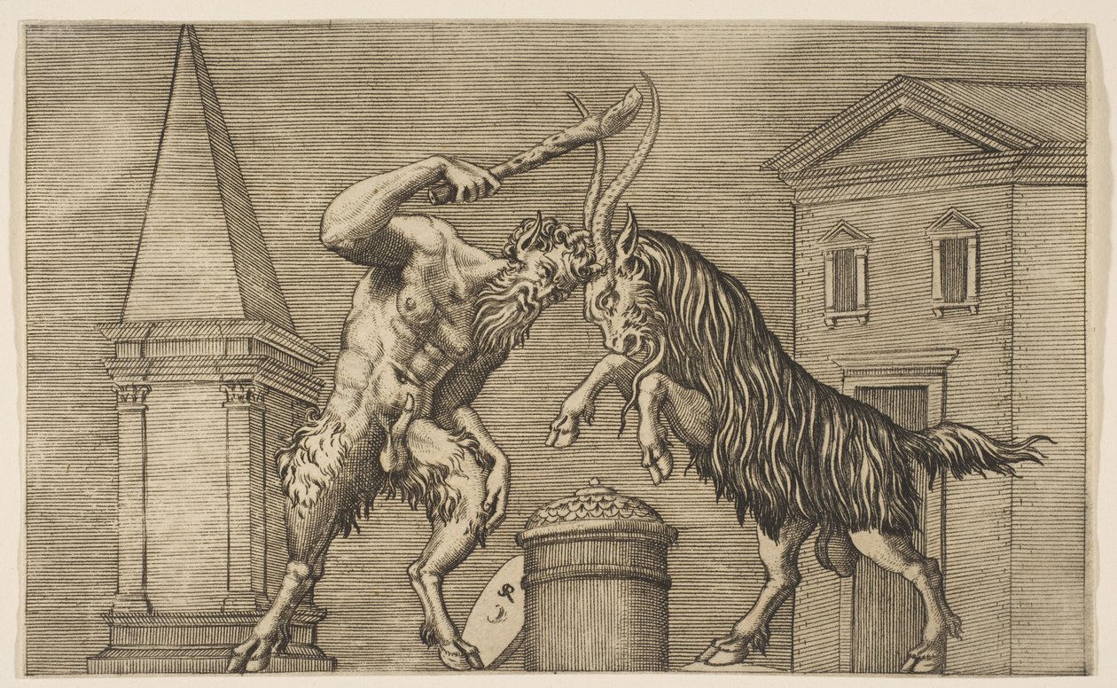 En satyr och en bagge attackerar varandra, satyren använder en klubba med sin högra ha..., ca. 1515-27. av Marco Dente