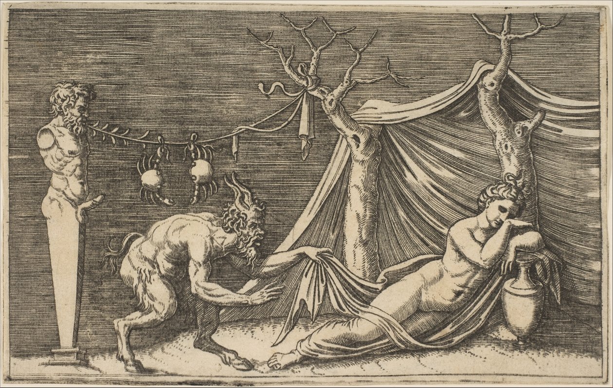 En satyr som upptäcker en sovande kvinna, två krabbor hängande i ett rep som är spänt..., ca. 1515-27. av Marco Dente
