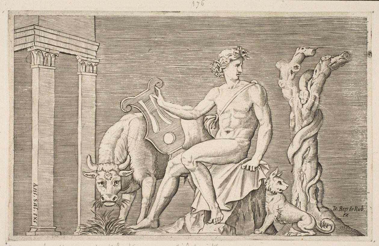 Apollo sköter Admetus flockar, Apollo sitter med en lyra och flankerad av en..., ca. 1515-27. av Marco Dente