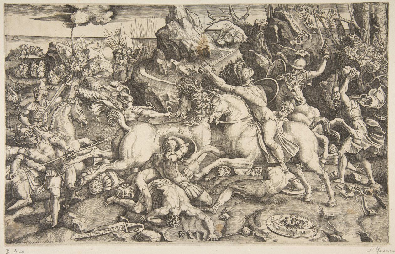 Stridsscen i ett landskap med soldater till häst och flera stupade män, en annan..., ca. 1520. av Marco Dente