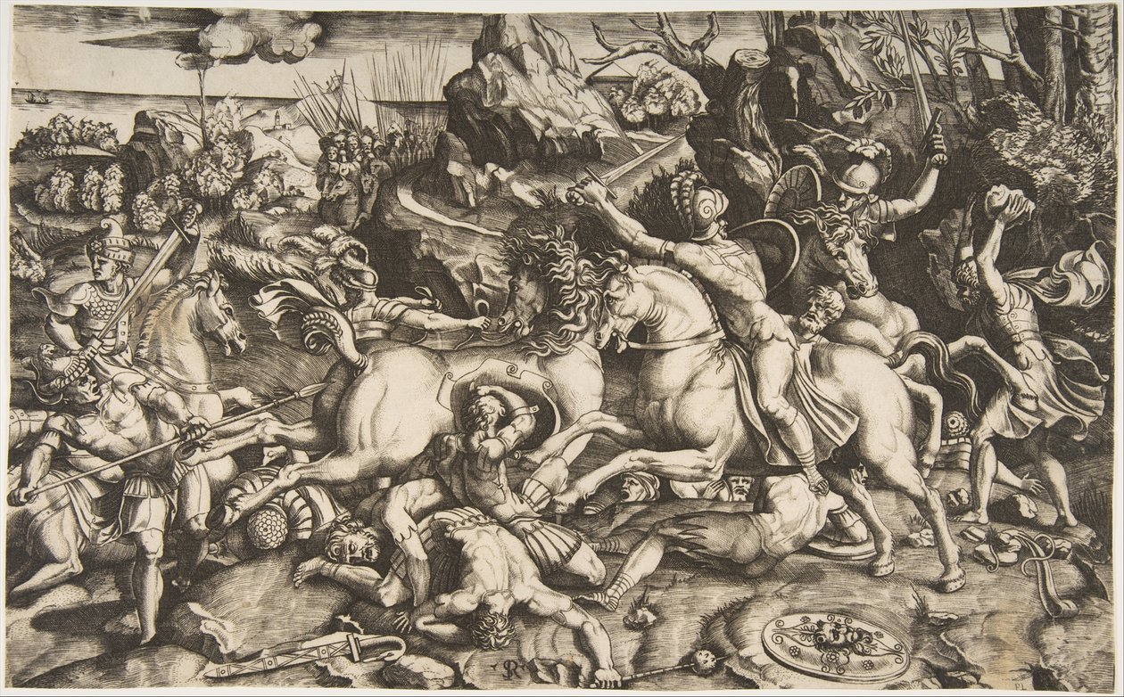 Stridsscen i ett landskap med soldater till häst och flera stupade män, en annan..., ca. 1520. av Marco Dente