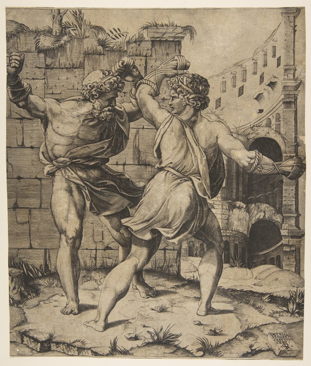 Entellus och Dares slåss framför klassiska ruiner, 1520-25. av Marco Dente