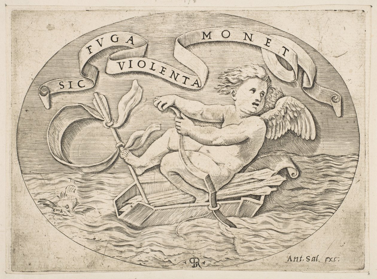 Eros flyr till sjöss, Amor använder sin båge för att driva fram en båt gjord av hans koger med..., ca. 1515-27. av Marco Dente