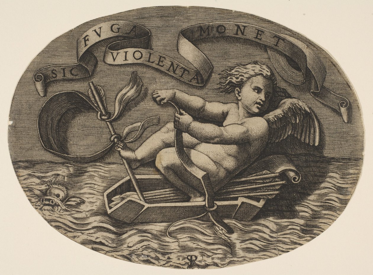 Eros flyr till sjöss med hjälp av sin före för att driva fram en båt gjord av hans koger med en ar..., ca. 1515-27. av Marco Dente