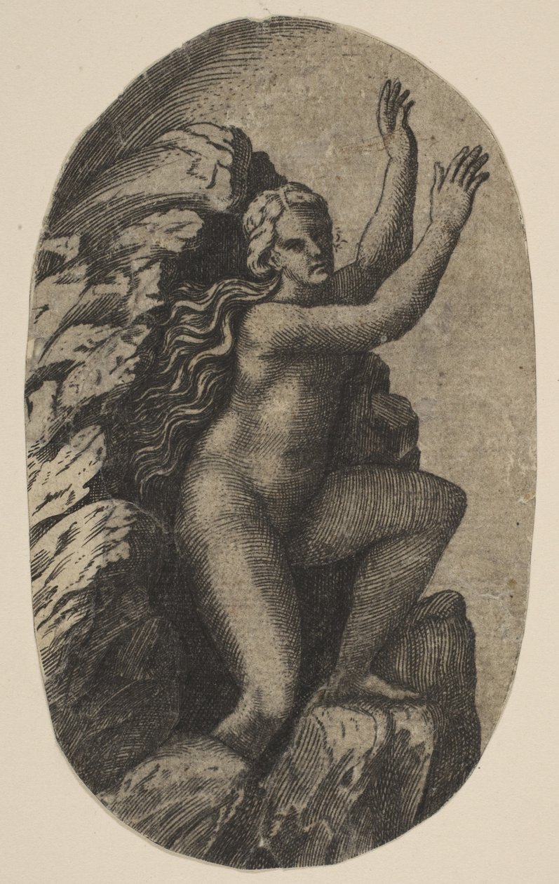 Eurydike naken stående på en sten, armarna upphöjda till höger, ca. 1515-27. av Marco Dente