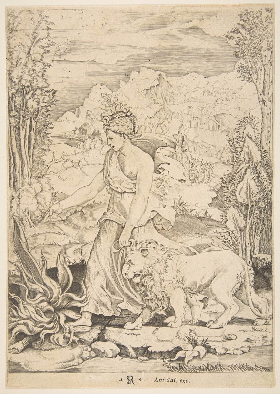 Motstånd i profilvy går mot en eld till vänster och leder en selad lio..., ca. 1515-27. av Marco Dente