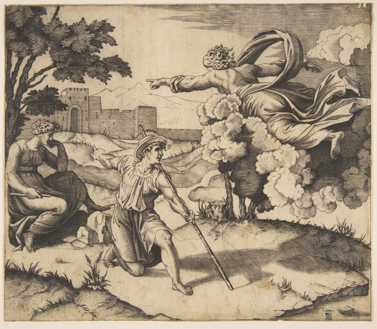 Gud som visar sig för Isak, Gud som svävar i moln och pekar mot Rebecca som sitter under..., ca. 1515-27. av Marco Dente