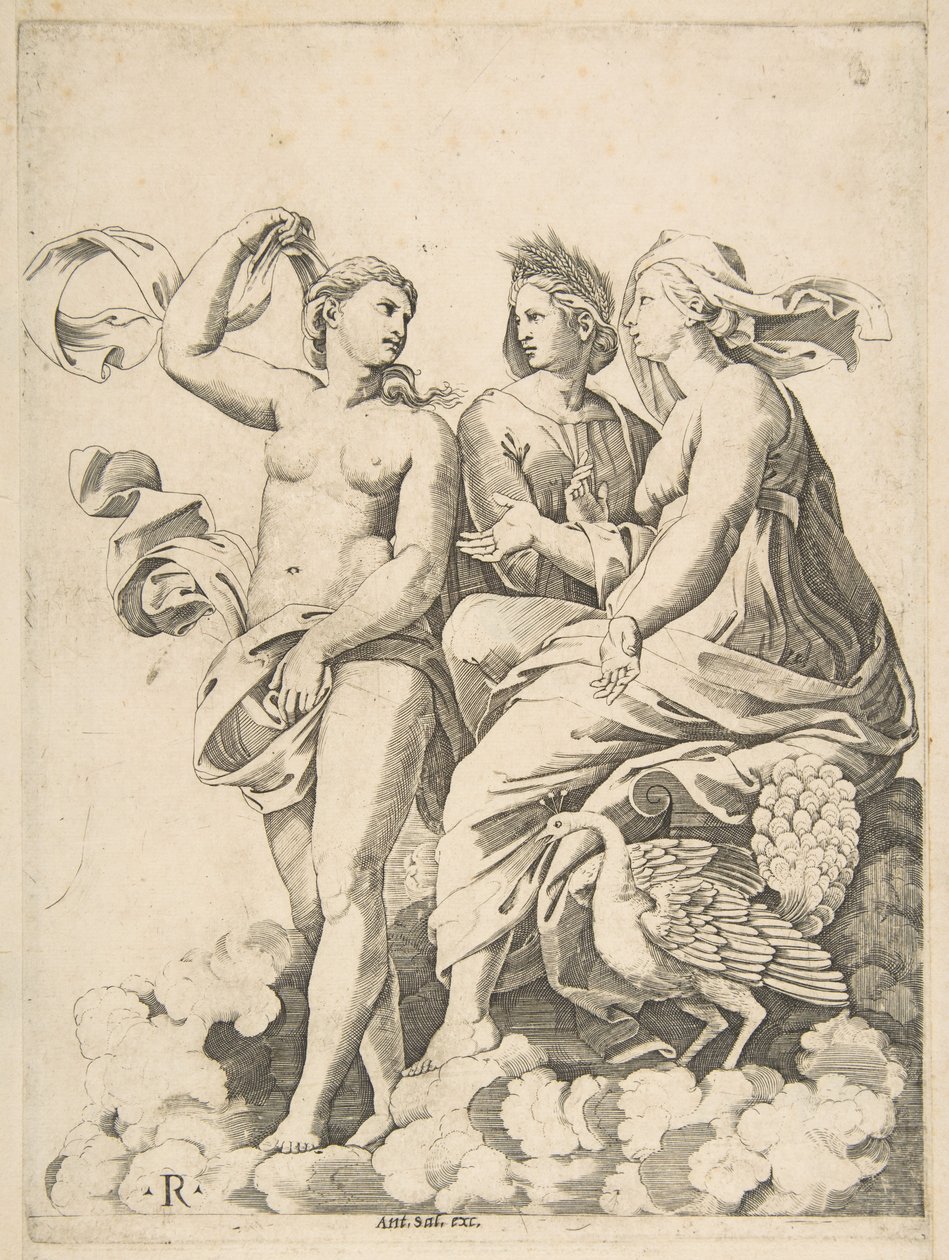 Juno, Ceres och Psyche i molnen och samtalade, Juno satt med en påfågel vid henne..., ca. 1515-27. av Marco Dente