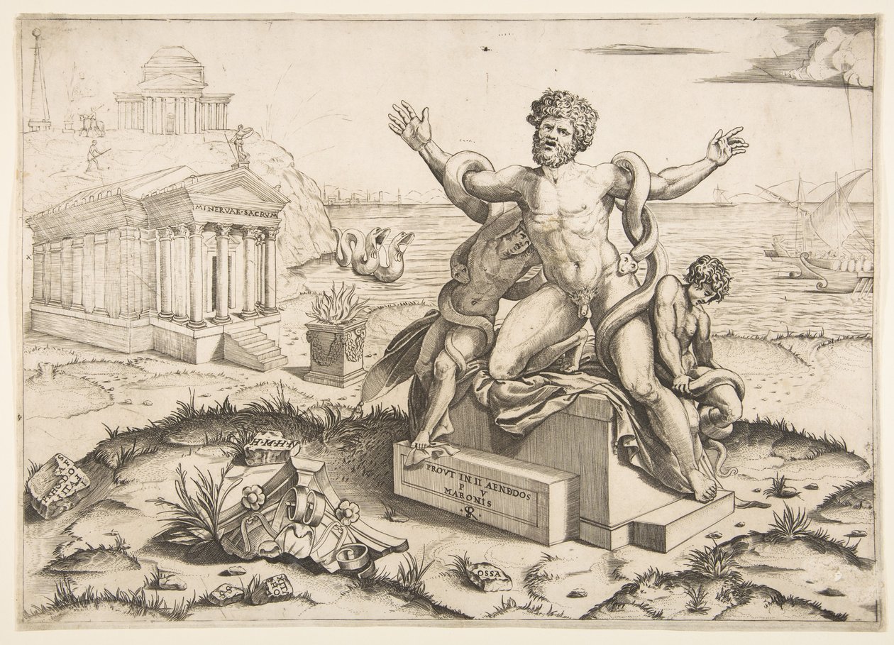 Laocoön och hans två söner attackeras av ormar på en piedestal, ett tempel till Mi..., ca. 1515-27. av Marco Dente