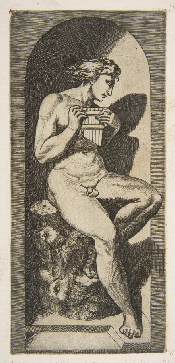 Olympus naken sittande på en stubbe med rör, placerad i en nisch, ca. 1515-27. av Marco Dente