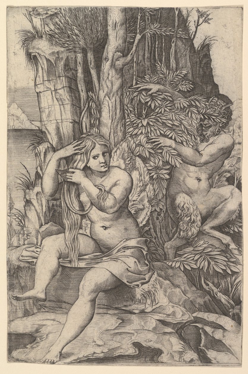 Pan spionerar på nymfen Syrinx som sitter på en sten och kammar håret, ca. 1516-20. av Marco Dente