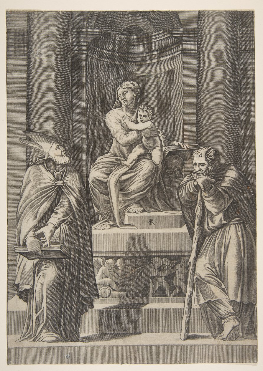 Saint Joseph till vänster och en biskop till höger stående framför jungfruns altare ..., ca. 1515-27. av Marco Dente