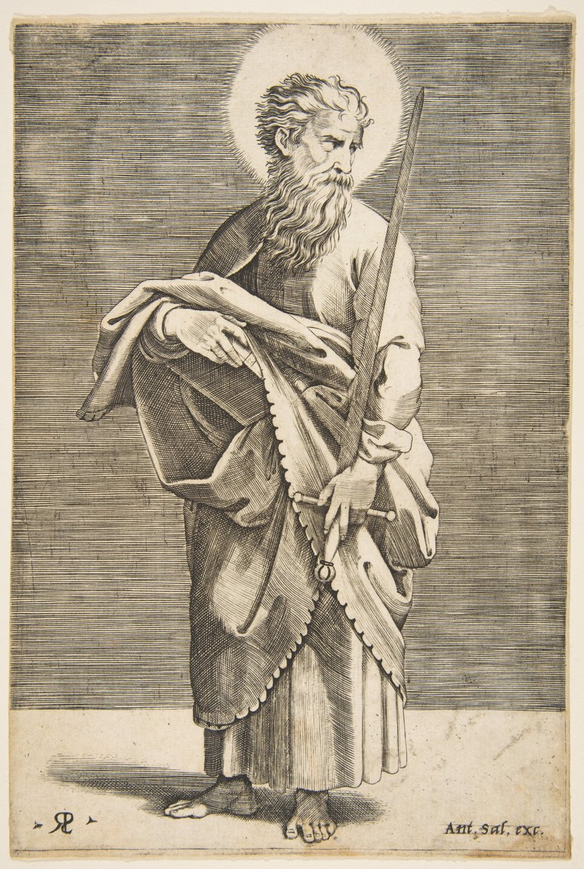 Saint Paul tittar till höger och håller ett svärd och en bok, ca. 1515-27. av Marco Dente