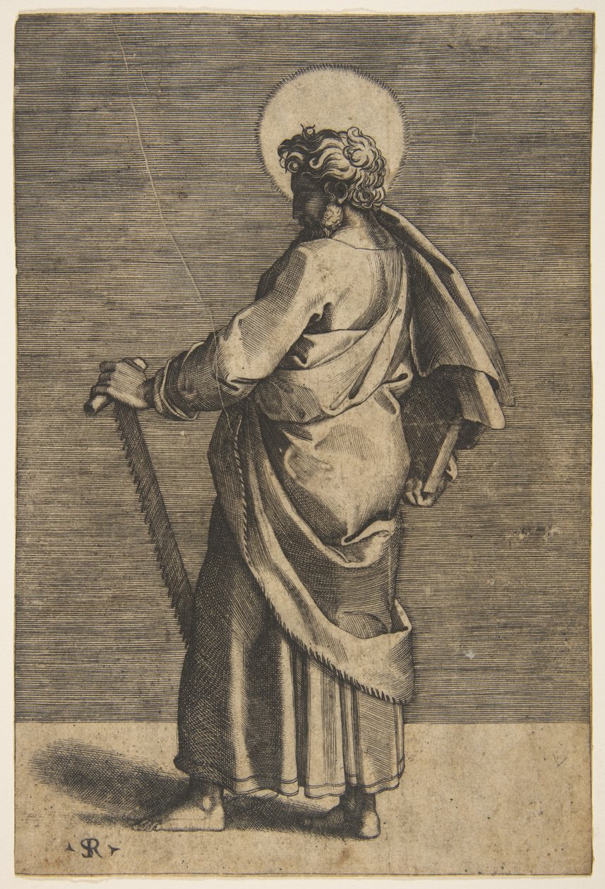 Saint Simon står vänd mot vänster och håller i en såg och en bok, ca. 1515-27. av Marco Dente