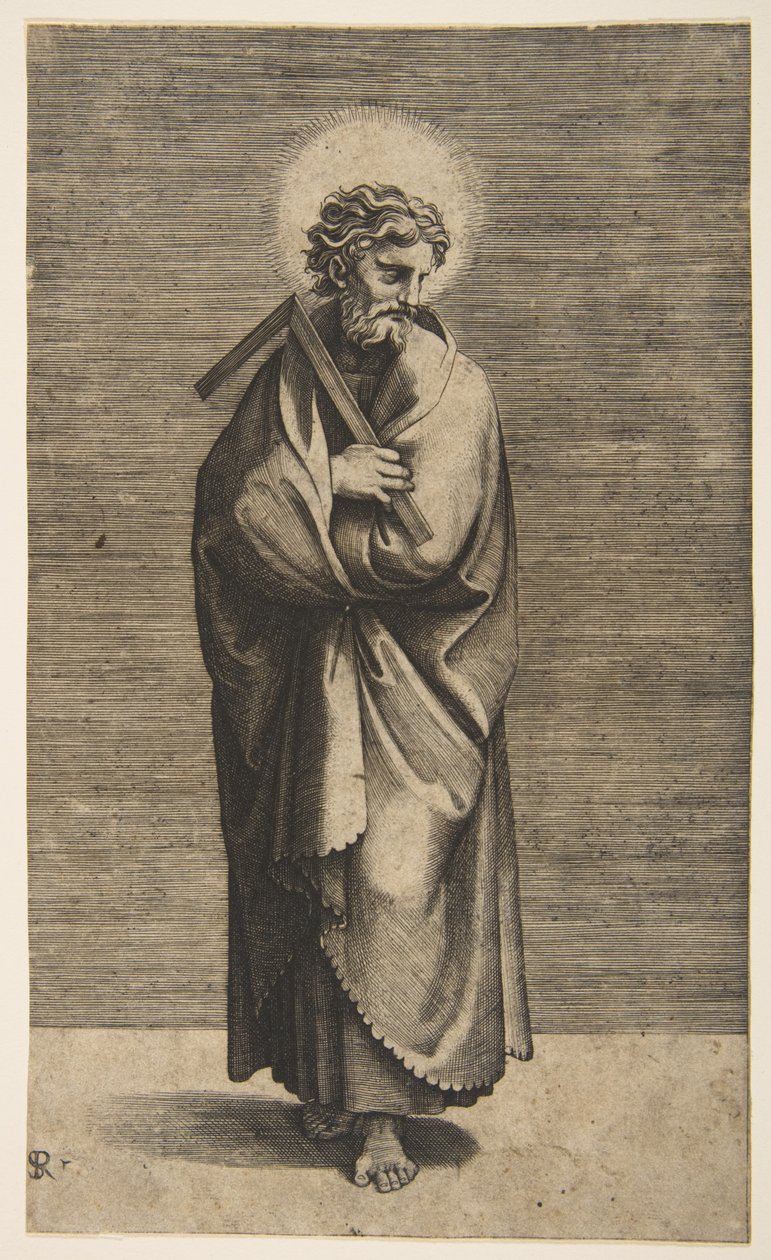 Saint Thomas håller en fyrkantig regel, huvudet vänt åt höger, ca. 1515-27. av Marco Dente