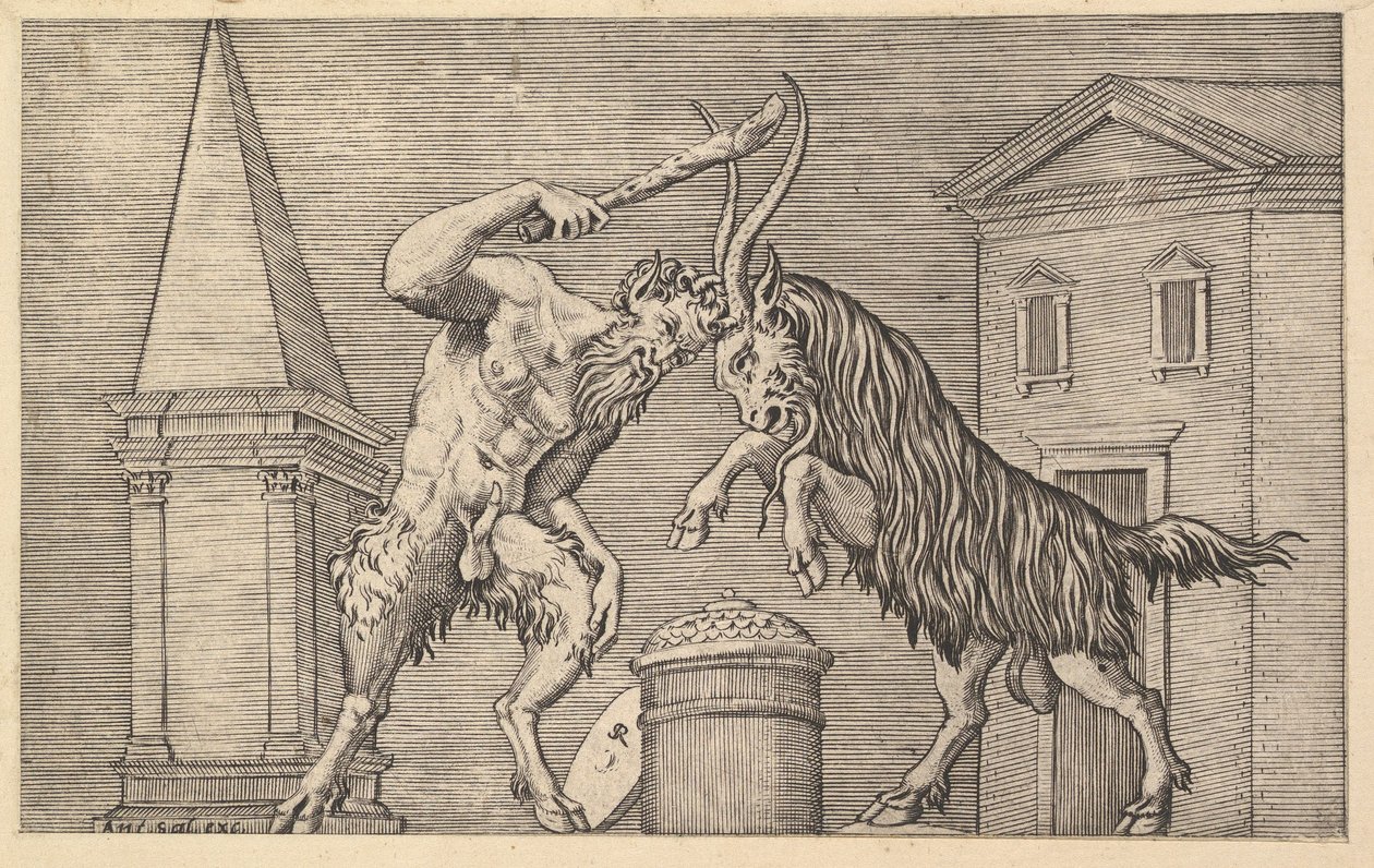 Mirror of Roman Magnificence: A Satyr and a Ram Clashing, 1500-talet. av Marco Dente