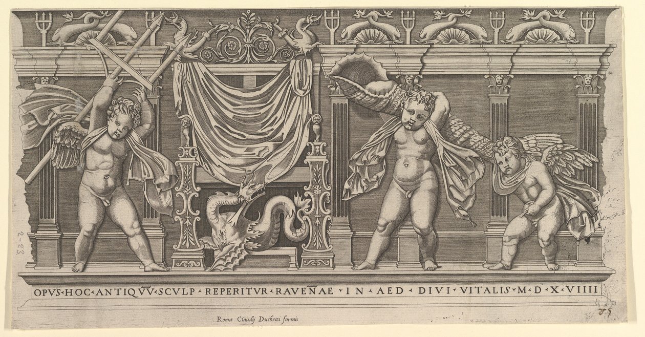 Mirror of Roman Magnificence: Basrelief med tre amoriner, 1519. av Marco Dente