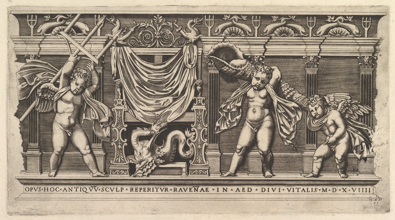 The Mirror of Roman Magnificence: Bas-Relief with Three Cupids, 1519 av Marco Dente