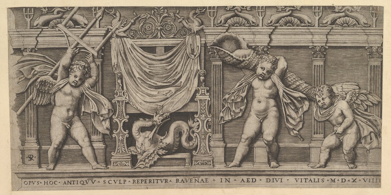 The Mirror of Roman Magnificence: Bas-Relief with Three Cupids, 1519 av Marco Dente