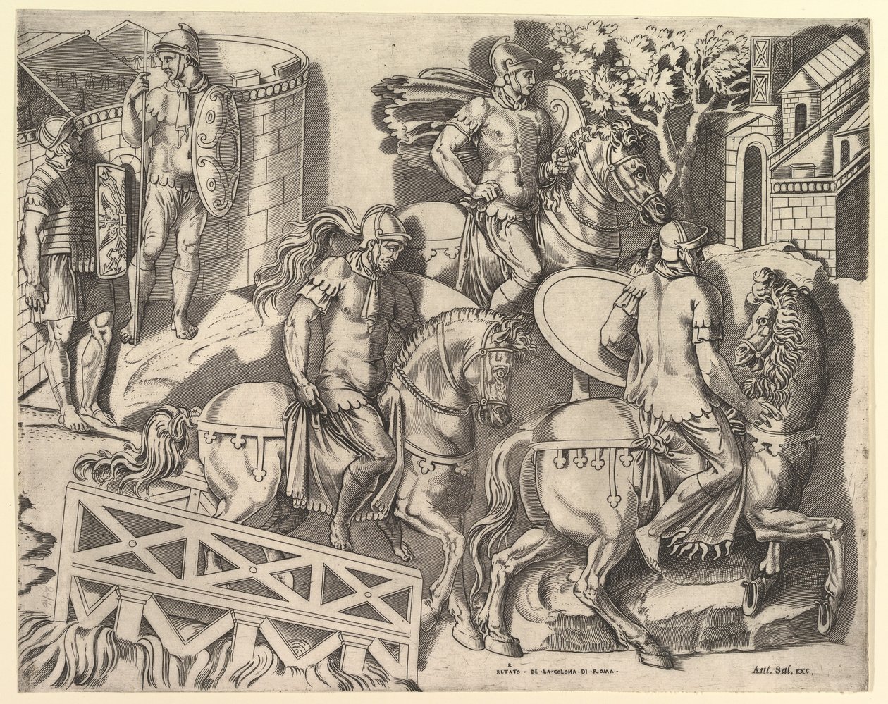 Mirror of Roman Magnificence: Romerska ryttare som korsar en bro från Trajanus C..., 1500-talet. av Marco Dente