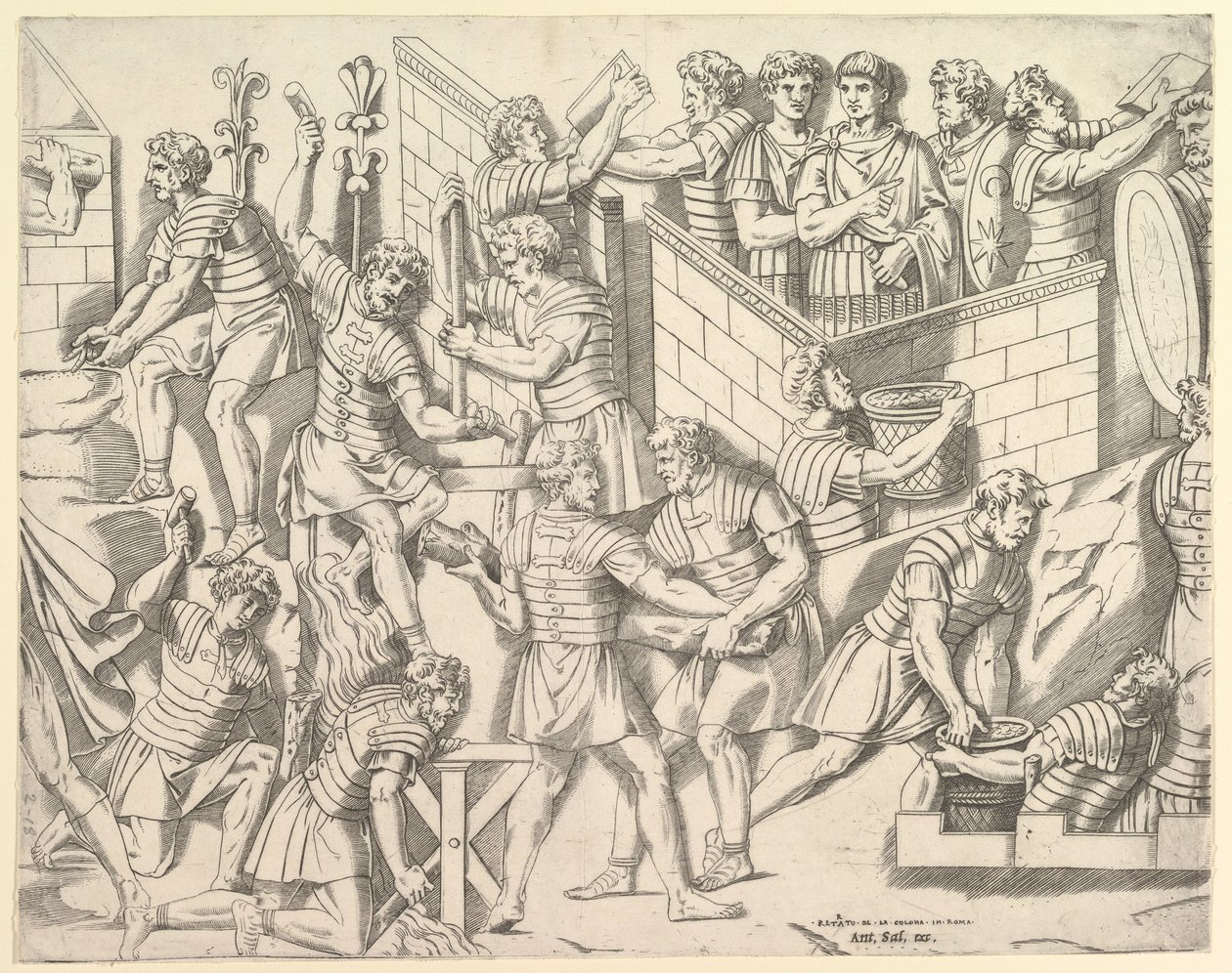 Romerska soldater som befäster sitt läger, från Trajanus..., 1500-talet. av Marco Dente