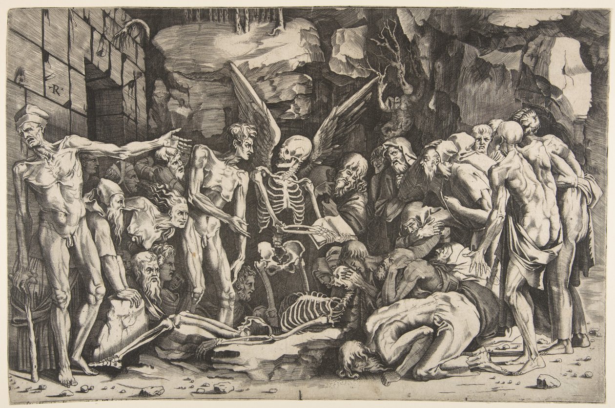 Skeletten, en grupp utmärglade män och kvinnor samlades runt ett skelett som lades på ..., 1515-27. av Marco Dente