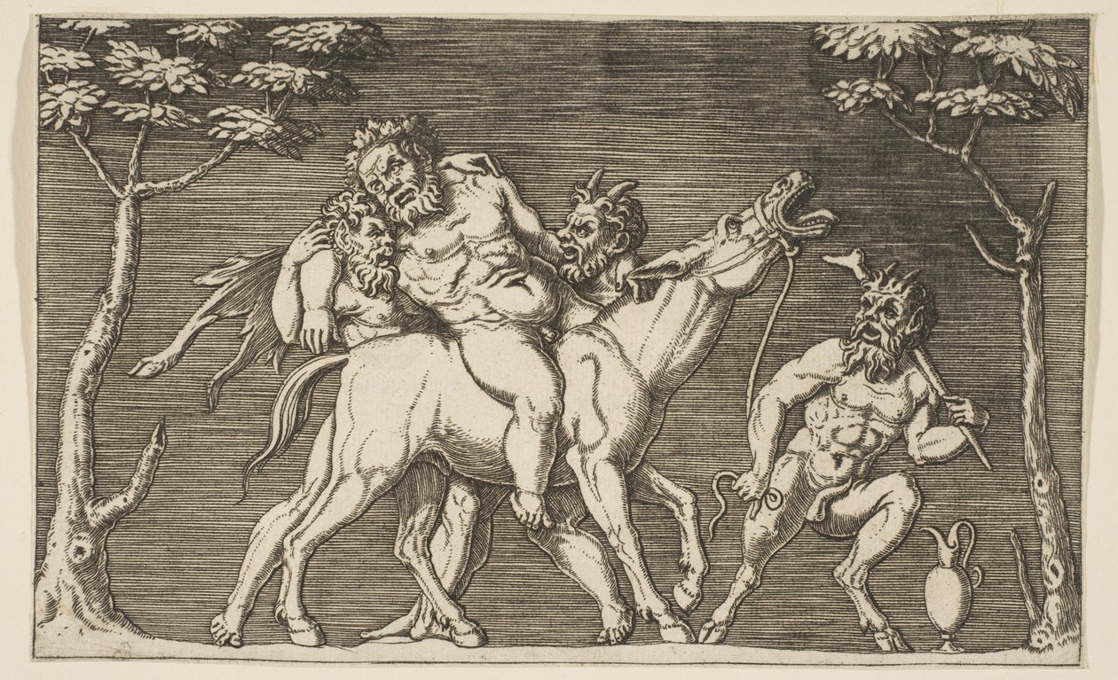 Två satyrer placerar Silenus på en mule och en tredje satyr till höger, ca. 1515-27. av Marco Dente