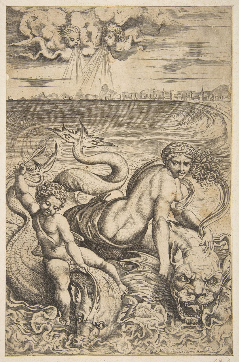 Venus och Amor rider på två havsmonster, Amor höjer en pil i sin högra hand, t..., ca. 1515-27. av Marco Dente