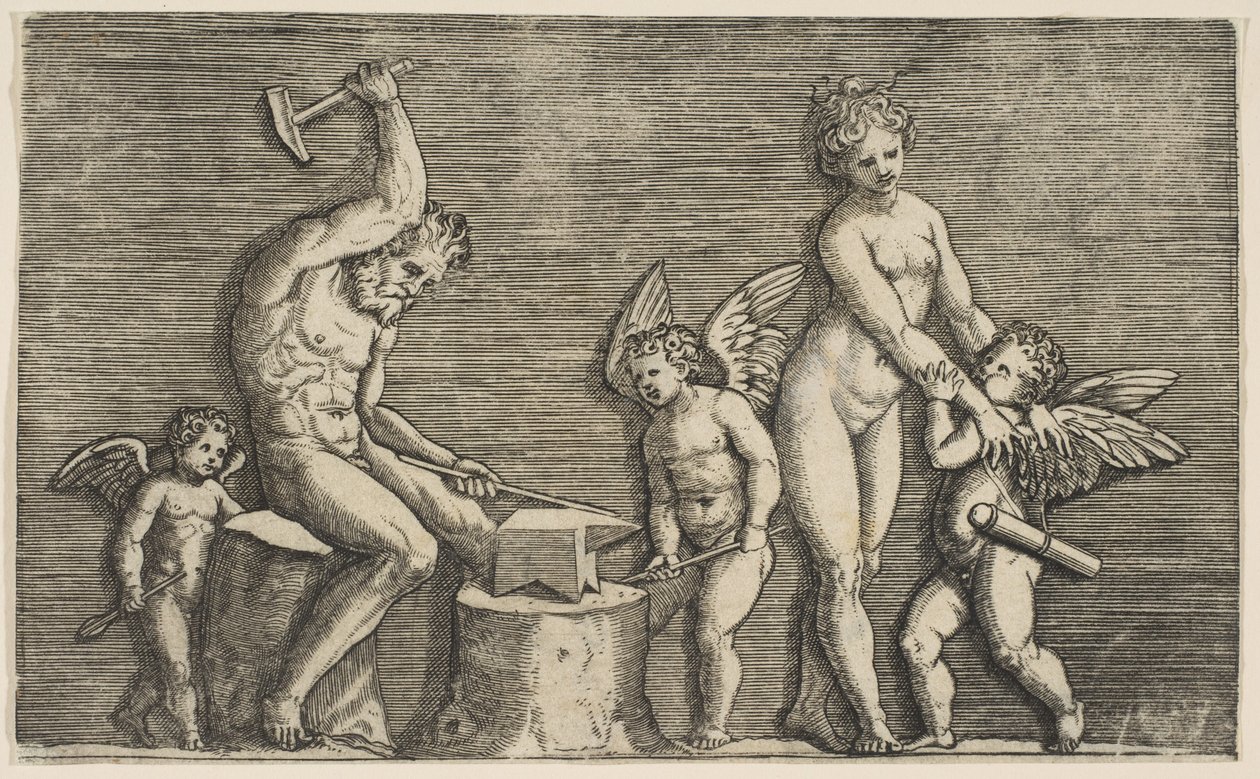 Vulcan sitter och hamrar på ett städ flankerad av Venus och tre amoriner, ca. 1515-27. av Marco Dente