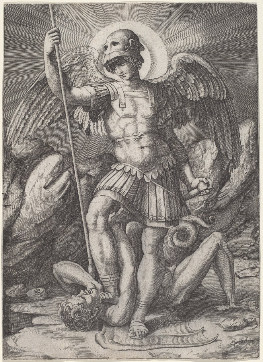 Sankt Mikael av Marco Dente after Raphael