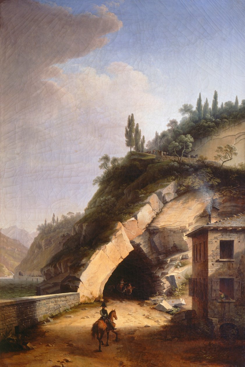 Vy över huset och första galleriet i Varenna i Bellano, av Marco Gozzi (1759-1839), olja på duk av Marco Gozzi