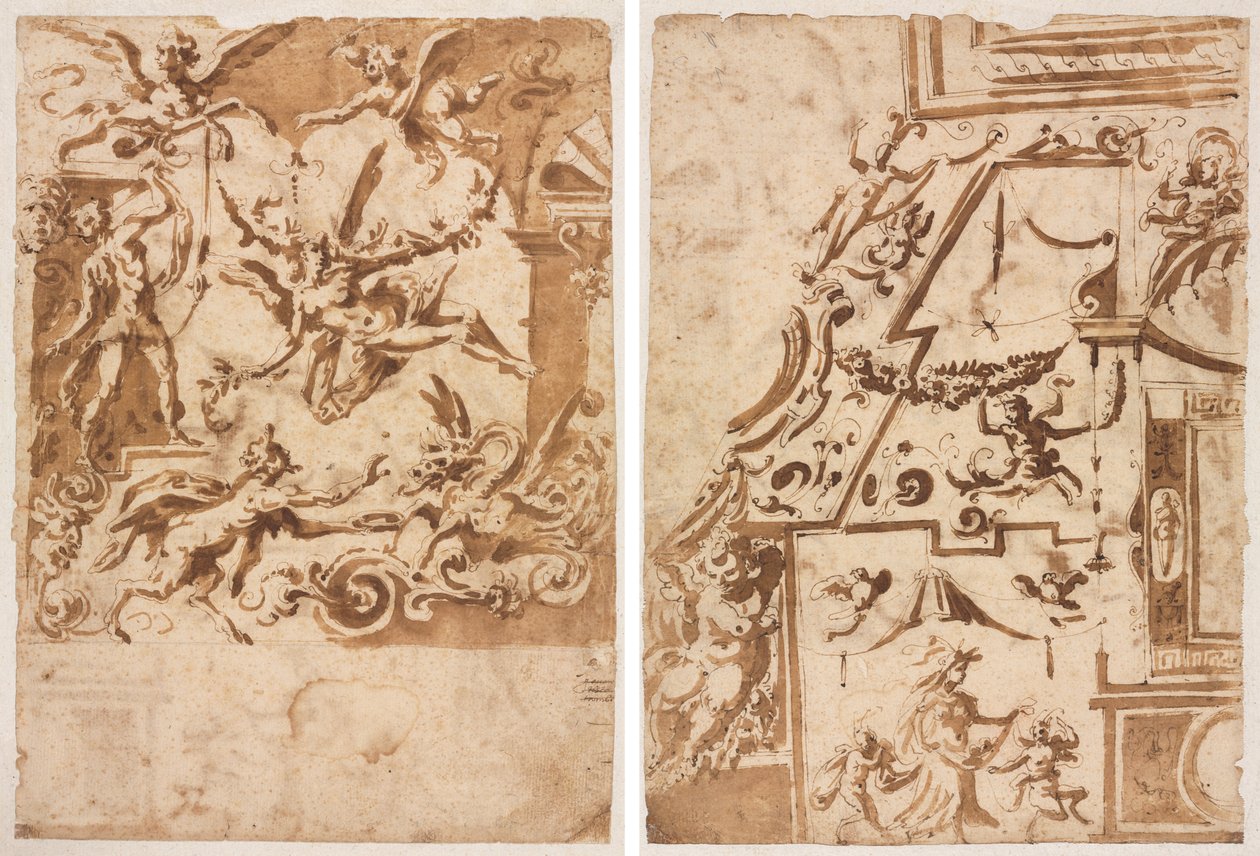 Grotesk med en Satyr som matar en drake (recto); Grotesk med en hoppande kentaur (verso) av Marco Marchetti