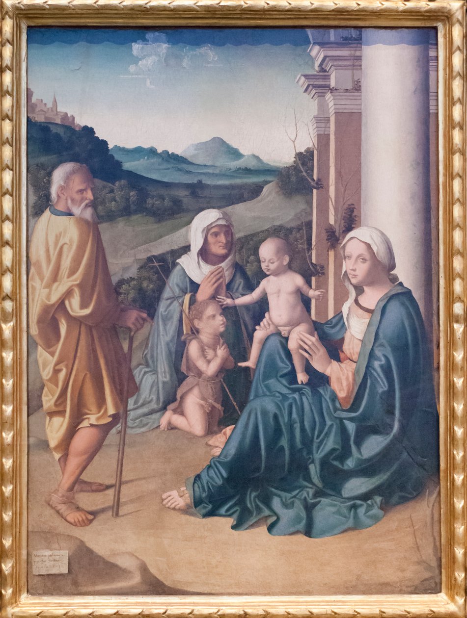 Den heliga familjen med den heliga Elisabeth och den unge Johannes Batist av Marco Palmezzano