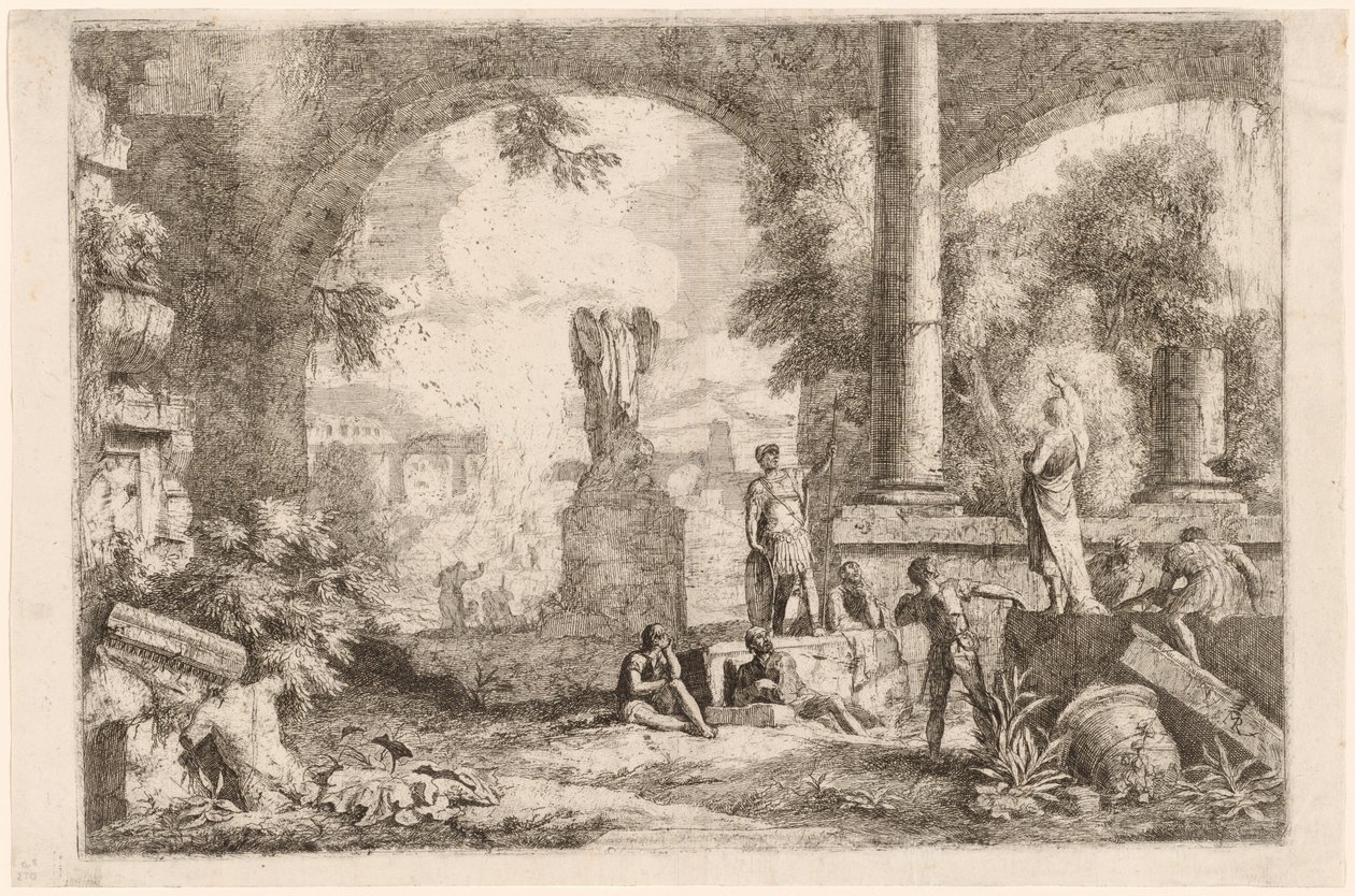 Capriccio av antika ruiner med män som stirrar på en klassisk talare av Marco Ricci