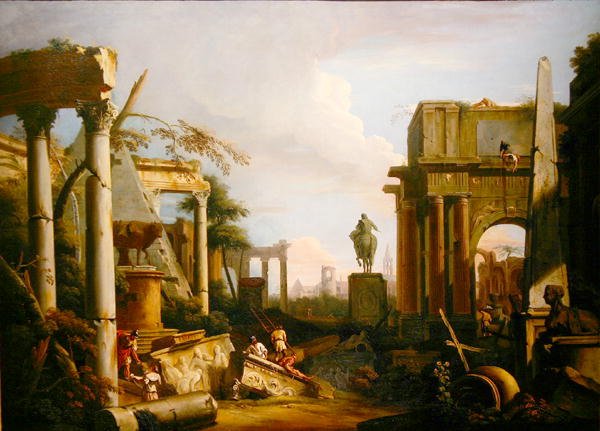 Landskap med klassiska ruiner och figurer (olja på duk) av Marco Ricci