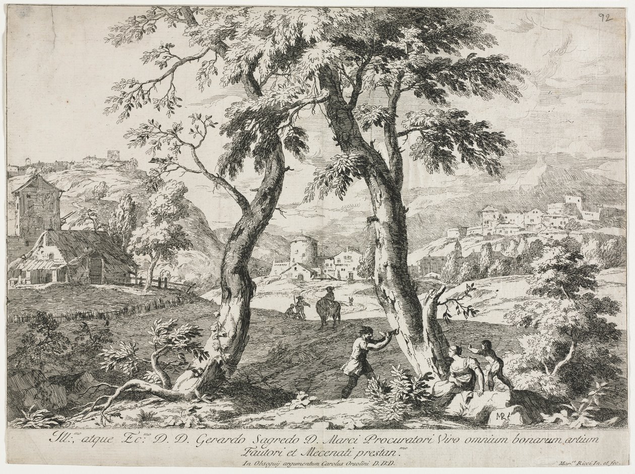 Vy över en by med figurer i förgrunden, 1723. av Marco Ricci
