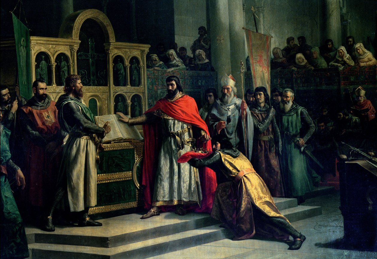 Eden från Santa Gadea, El Cid Campeador (c.1043-99) utdrager en ed från Alfonso VI (c.1040-1109), kungen av Kastilien, att han år 1072 inte hade någon del i mordet på sin bror Sancho II (ca 1083-1072) (olja på duk) av Marcos Hiraldez de Acosta