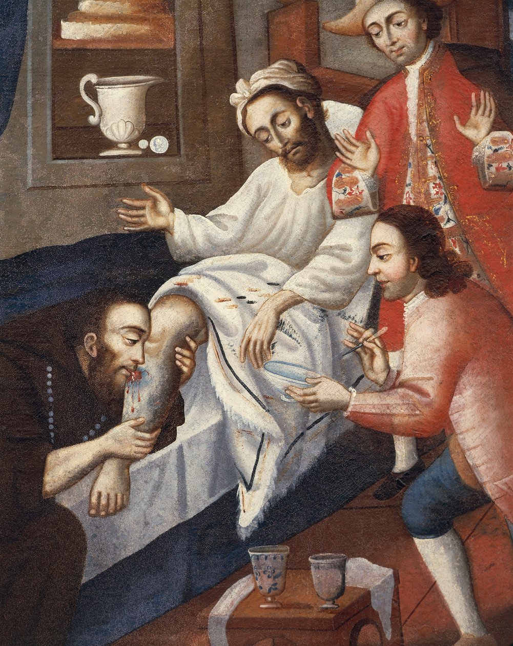 Religiösa män som behandlar en patient på St. Andrew Hospital, Cuzco (olja på duk) av Marcos Zapata
