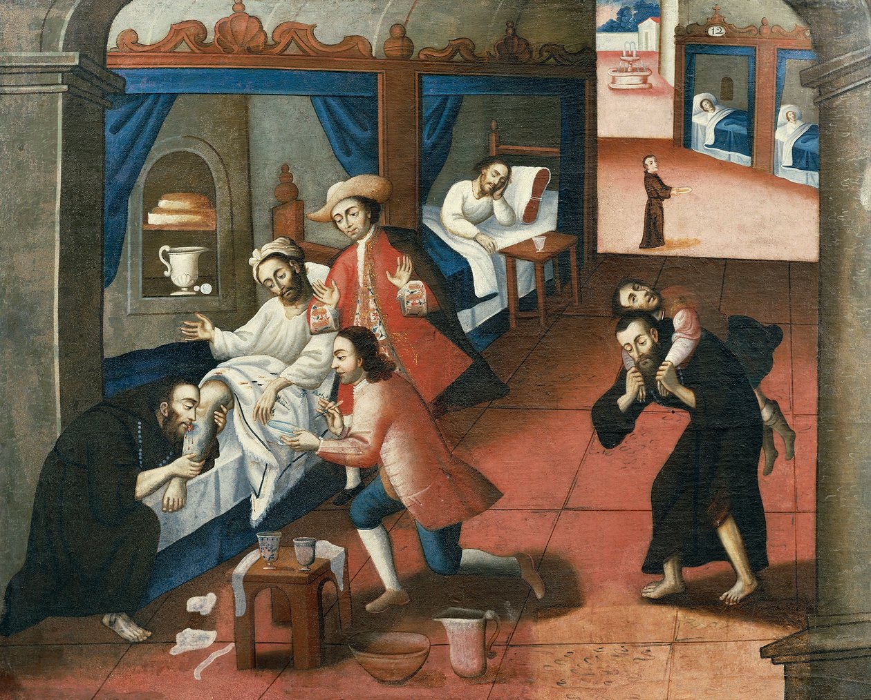 Religiösa män som behandlar en patient på St. Andrew Hospital, Cuzco (olja på duk) av Marcos Zapata