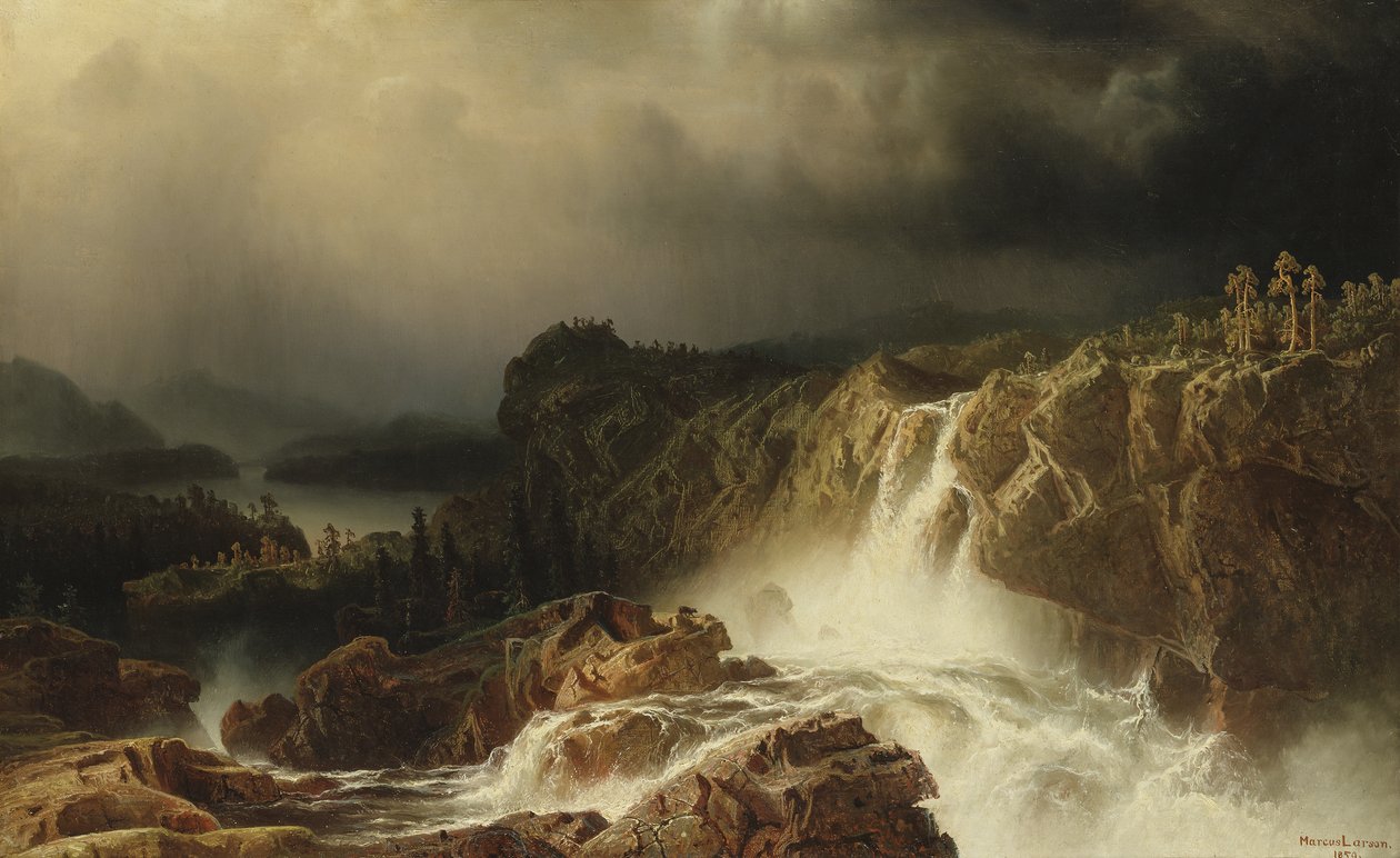 Stenigt landskap med vattenfall i Småland, 1859 av Marcus Larson