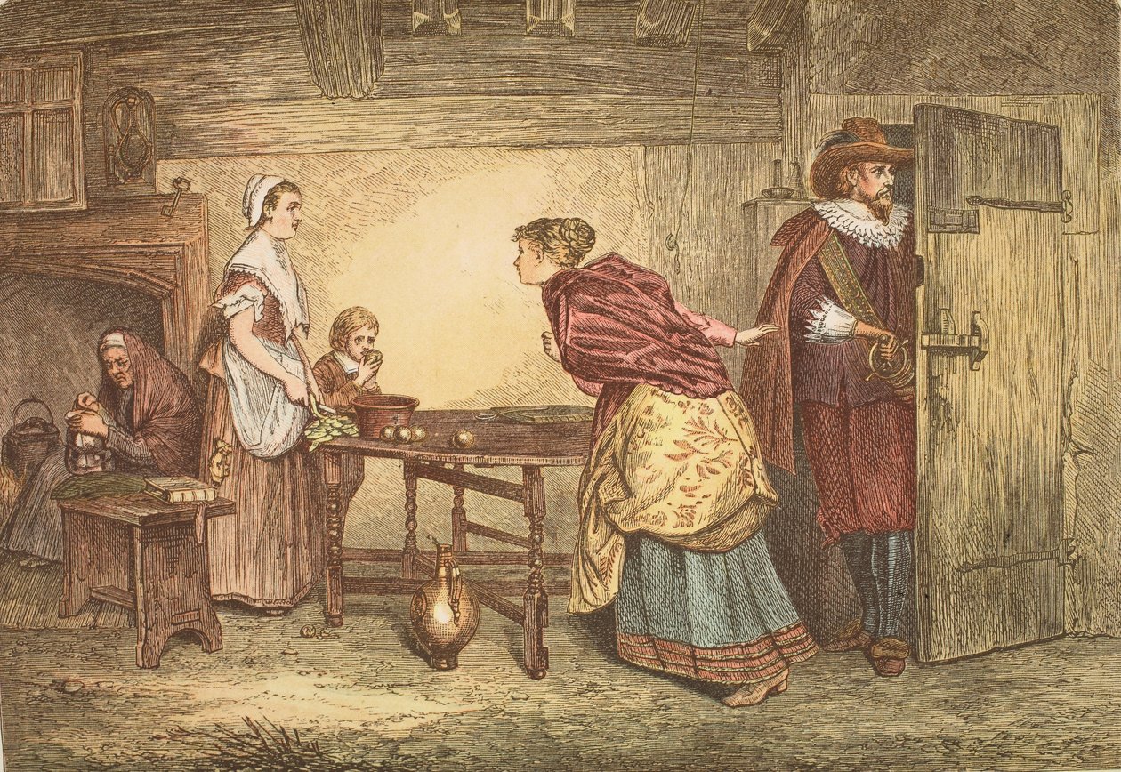 Royalister som söker skydd i en puritaners hus, graverade av J.D. Cooper av Marcus Stone