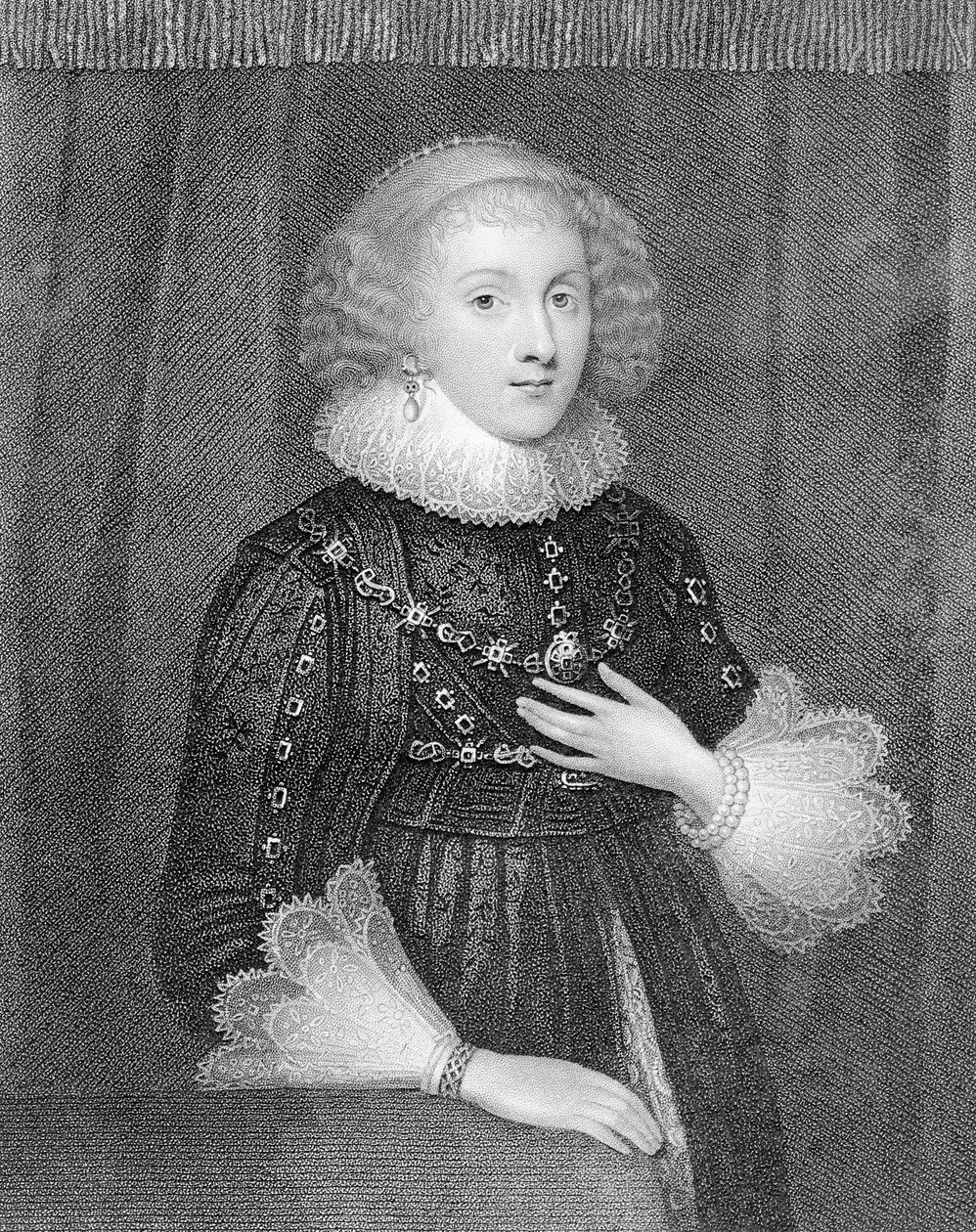 Mary Sidney, grevinna av Pembroke, graverad av W.J.Fry av Marcus Garret Gheeraerts the Younger