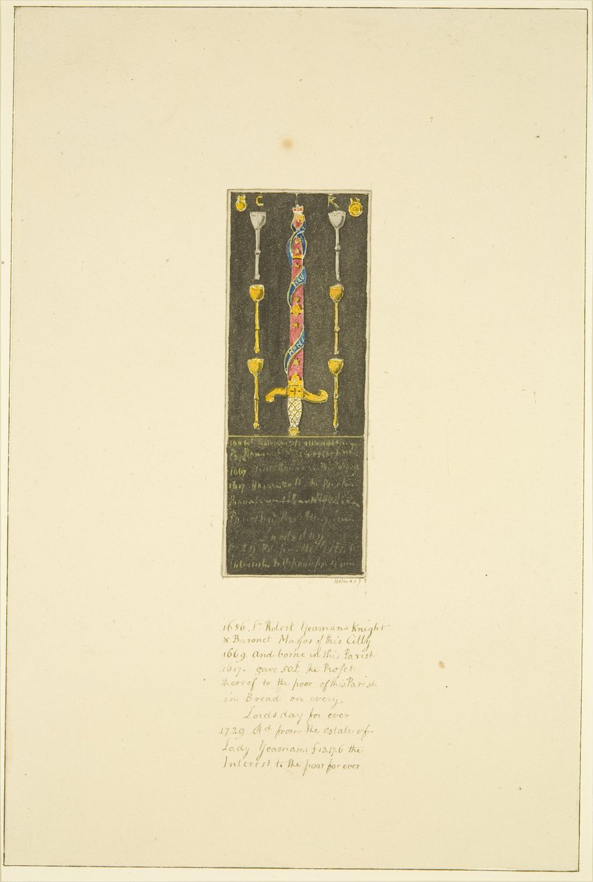 Styrelsen placerades tidigare mot North Wall of St Mary Redcliffe till minne av Sir Robert Yeomans gåva till församlingen (Robert Yeamans) (penna och akvarell på papper) av Marcus H. Homes