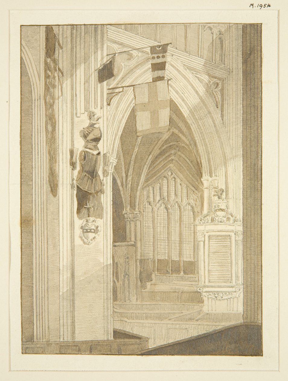 Penns monument, banderoller, etc., i St Mary Redcliffe (penna och akvarell på papper) av Marcus H. Homes