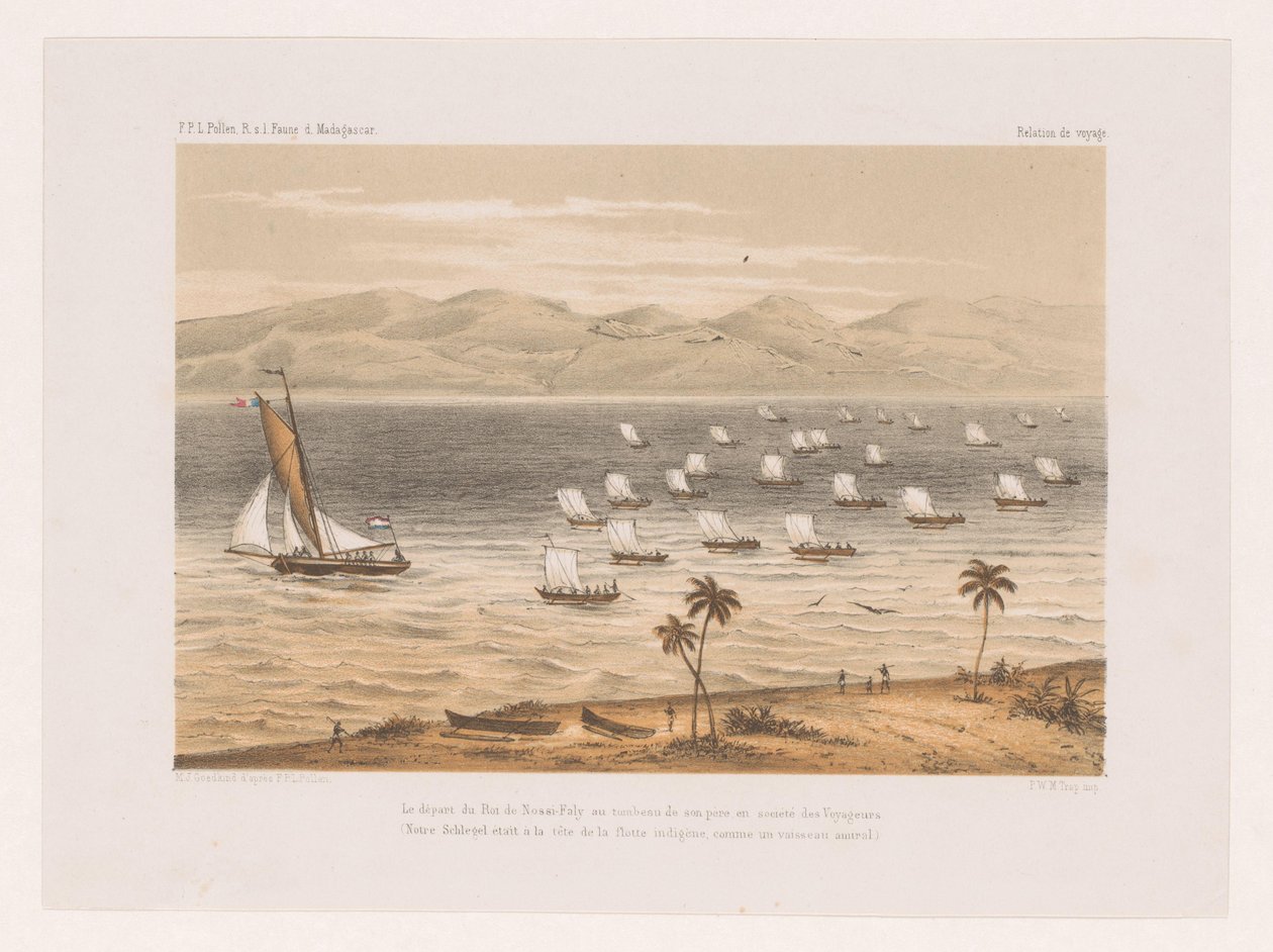 Kungen av Nossi-Faly lämnade sin fars begravning Le départ du Roi de Nossi-Faly au tombeau de son père en société des Voyageurs (...) (titel på objektet) François P.L.s resa Pollen till Madagaskar (serietitel) F.P.L. Pollen R. s av Marcus Jacob Goedkind