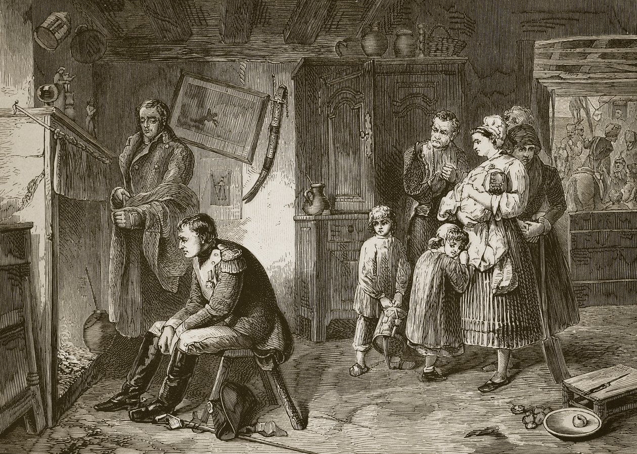 Napoleon söker vila i en stuga vid vägkanten efter sitt nederlag vid Waterloo, graverad av J.D. Cooper av Marcus Stone
