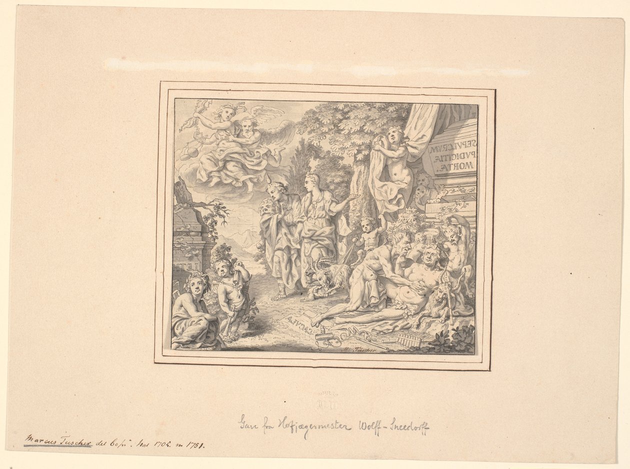 Allegoriskt blad med den drunknade Silenus och andra mytologiska och allegoriska figurer vid en sarkofag med inskriptionen: "Sepulcrum pudicitiae mortae" av Marcus Tuscher