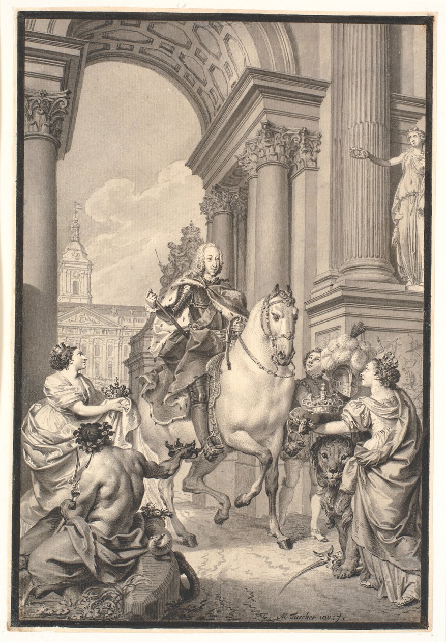 Förberedelse för målningen: Danmark och Norge hyllar Chr. VI (brände med Christiansborg 1794) av Marcus Tuscher